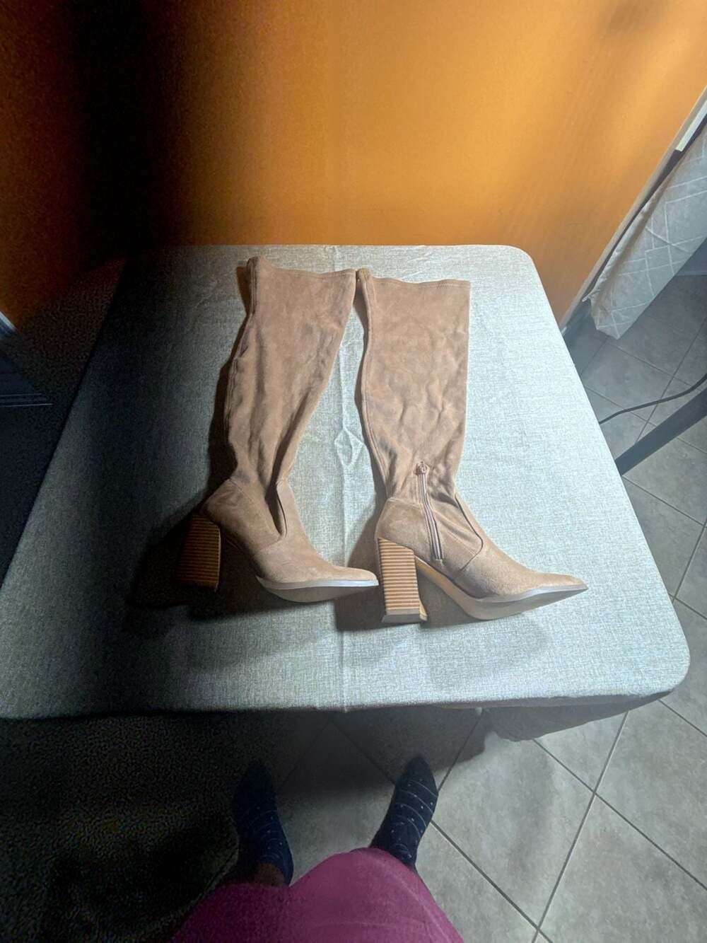 Cape Robbin Thigh High Boots Size 6.5 Light Brown Suede Pointed Toe Chunky Heel